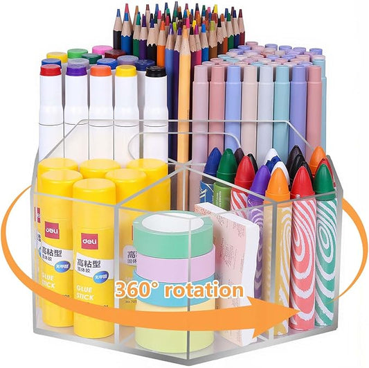 Pen Holder for Desk Acrylic, Large 6 Slots 360-Degree Rotating Marker Organizer Pencil Holder, Caddy Art Supply Organizer Crayon Organizers for Office School-DeskLoop Office