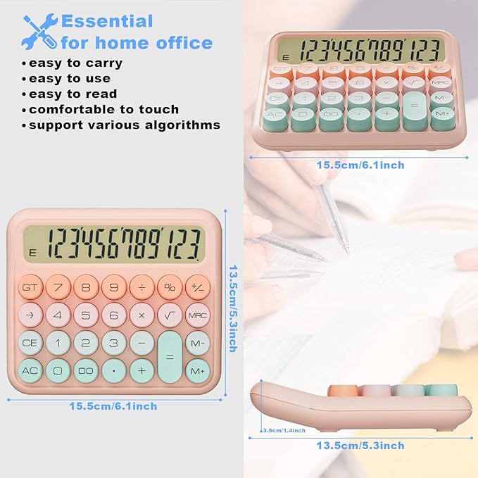 Mechanical Calculator 12 Digit Extra Large 5-Inch LCD Display, DECKLIT Battery Desk Calculator, Big Buttons Easy to Press Office Calculators Desktop, 15°Tilt Screen for Kids Calculator(Green&Pink)-DeskLoop Office
