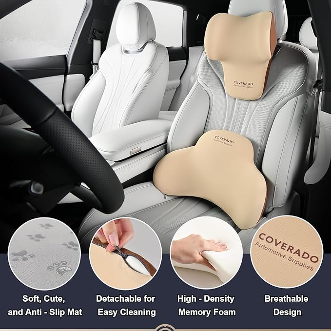 Coverado Lumbar Support and Car Neck Pillow, Ergonomic Memory Foam Desk Chair Cushion and Headrest Pillow for Car Office Chair, Sciatica & Neck & Tailbone Pain Relief Cushion-Beige-DeskLoop Office