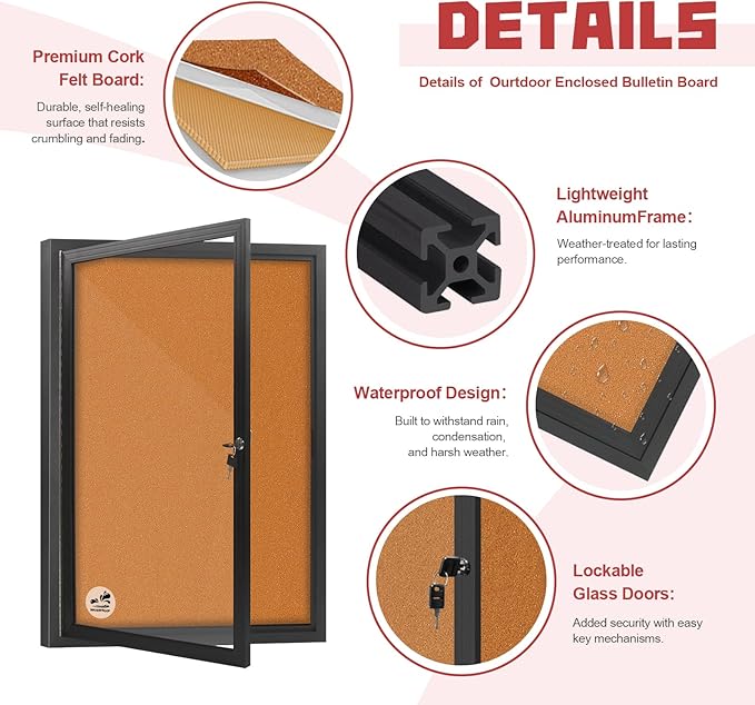 36x24 Inch Outdoor Enclosed Bulletin Board with Locking Door - Weatherproof & Tamperproof Cork Notice Board - Black Aluminum Frame-DeskLoop Office