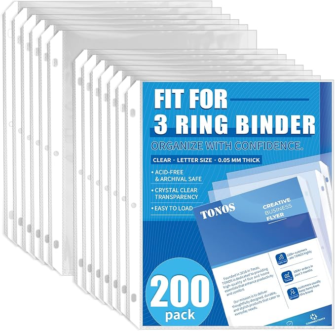 200 Pack Sheet Protectors for 3 Ring Binder by TONOS
