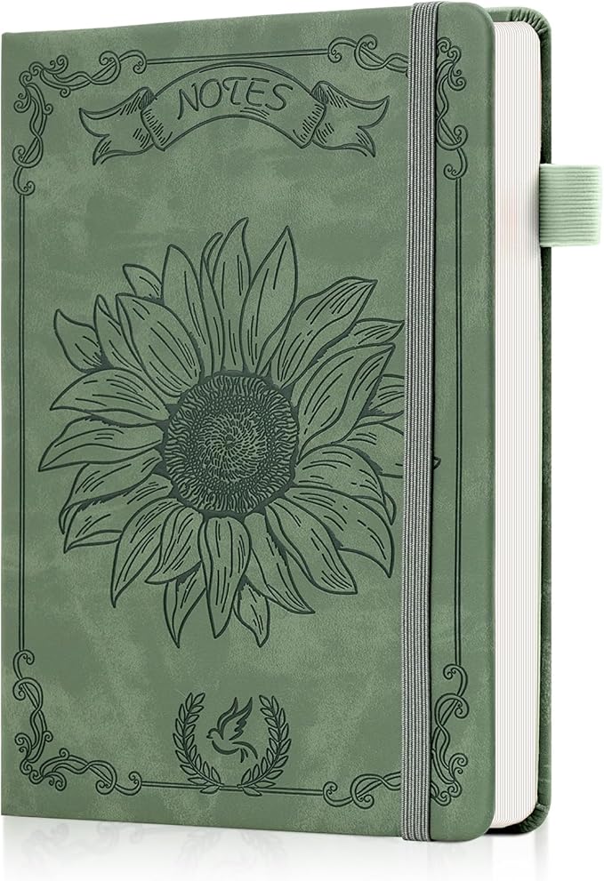 Sunflower Journal for Girls Women Journals for Writing 100GSM College Ruled A5 Leather Notebook for Girls Ages 8-12 Flower Diary with Heart-shaped Shadow, 5.7" x 8.3", Green-DeskLoop Office