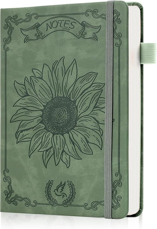 Sunflower Journal for Girls Women Journals for Writing 100GSM College Ruled A5 Leather Notebook for Girls Ages 8-12 Flower Diary with Heart-shaped Shadow, 5.7" x 8.3", Green-DeskLoop Office