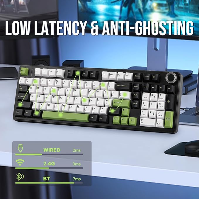 EPOMAKER X Aula F99 PRO Wireless Gaming Keyboard with 8000mAh Battery, Hot Swappable Creamy Keyboard, 2.4GHz/Type-C/BT5.0, NKRO, RGB Backlit for Win/Mac/Gaming (Black&White&Green)-DeskLoop Office