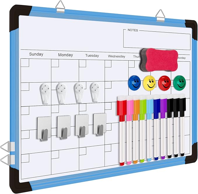 Dry Erase Calendar Whiteboard, Magnetic White Board Calendar Dry Erase Board, 16" X 12" Monthly Calendar Board Small Wall Hanging Planner Memo Whiteboard for Home, School, Office, Kitchen (Blue)-DeskLoop Office