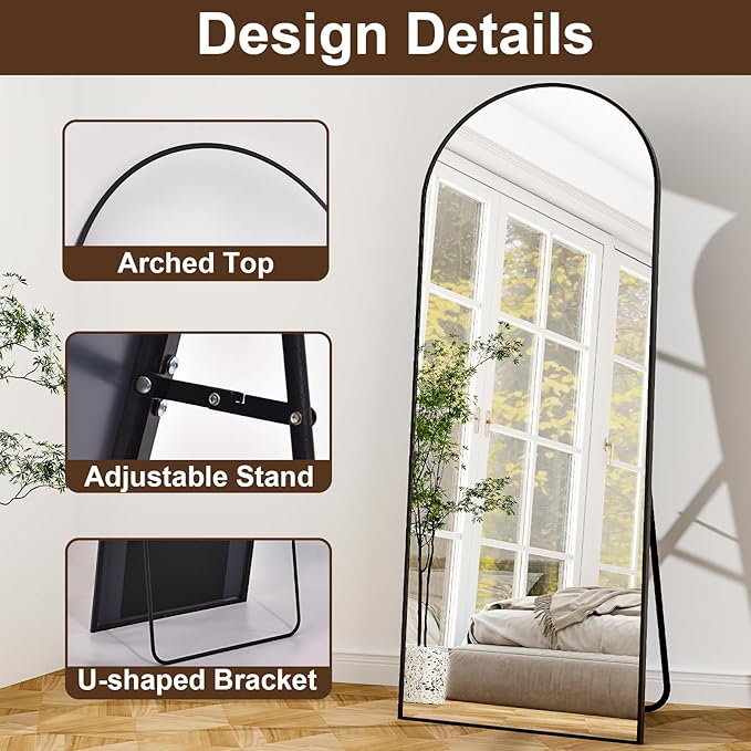 21" x 64"Arched Full Length Mirror - Wall Mounted Floor Mirror- Aluminum Alloy Frame Full Body Mirror for Bathroom Living Room Bedroom and Entryway Black-DeskLoop Office