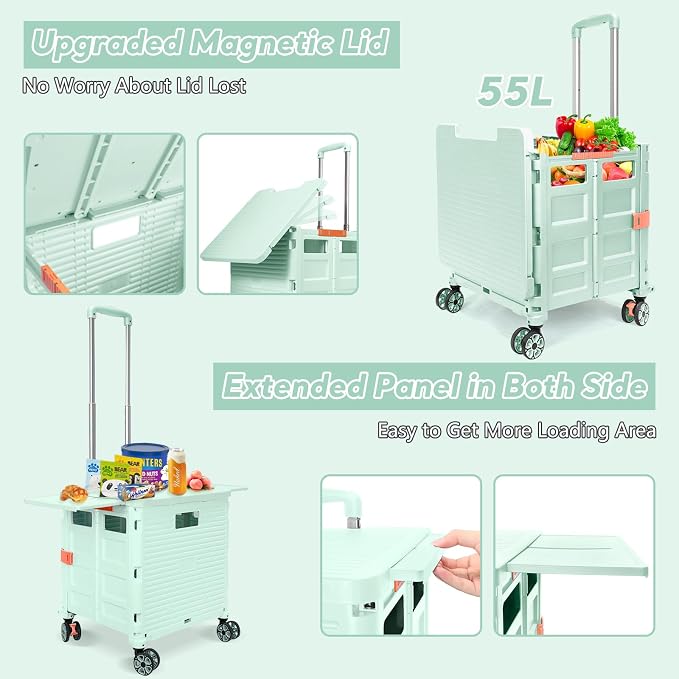 FELICON SELORSS Folding Utility Cart Portable Rolling Crate Handcart-Green | - Image 3