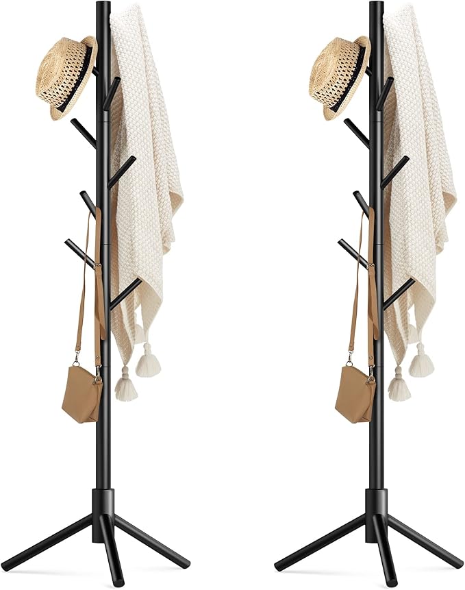 Haddockway Wooden Coat Rack Stand with 8 Hooks New Zealand Pine 3 Adjustable Coat Standing Tree Easy Assembly for Coats, Hats, Scarves and Handbags for Entryway, Hallway, Bedroom, Office,2 PCS-DeskLoop Office