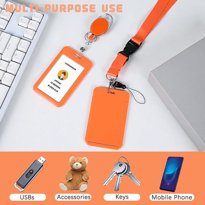 Orange ID Key Card Holder Lanyard, Badge Holders Keychain - Image 2