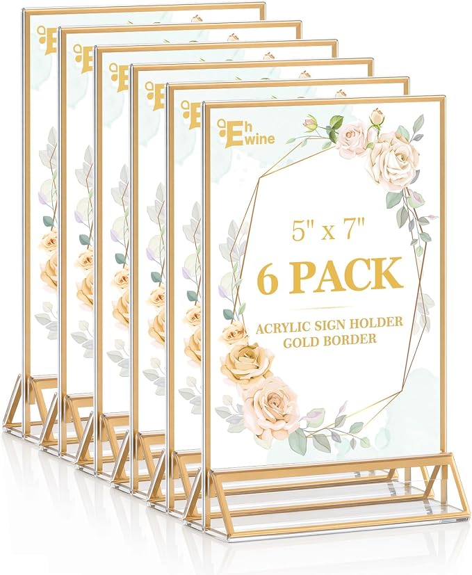EHWINE 6 Pack Acrylic Sign Holder 5 x 7, Double Sided Gold Picture Frame Stand by EHWINE