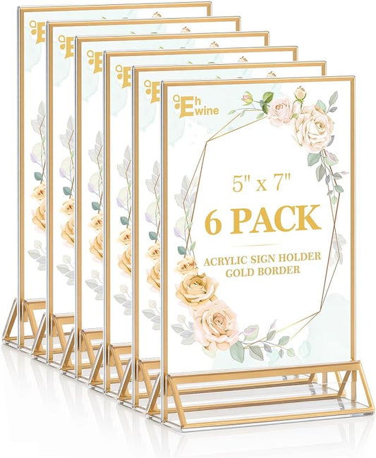 EHWINE 6 Pack Acrylic Sign Holder 5 x 7, Double Sided Gold Picture Frame Stand by EHWINE
