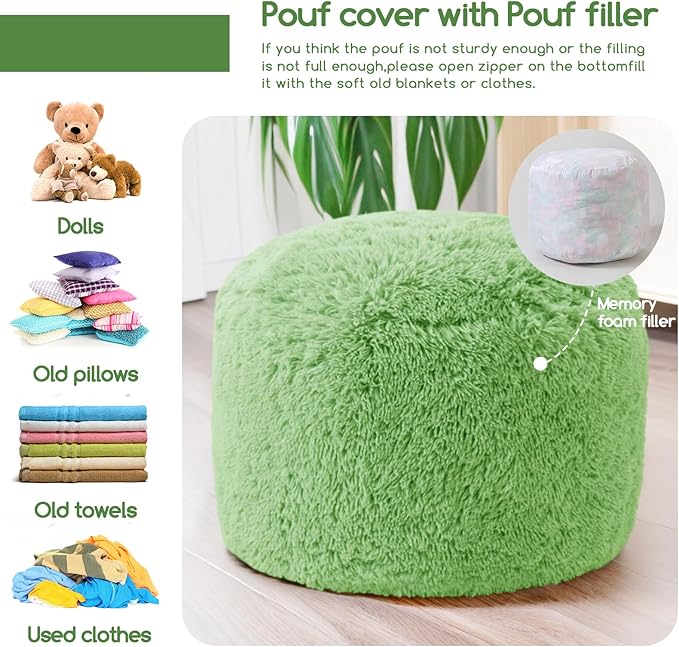 HIGOGOGO Round Stuffed Pouf Ottoman, Long Faux Fur Poufs with Foam Chunk Filling, Fluffy and Furry Pouf Foot Stool Storage Ottoman, 26 X 18 Floor Poufs Foot Rest for Living Room, Green-DeskLoop Office
