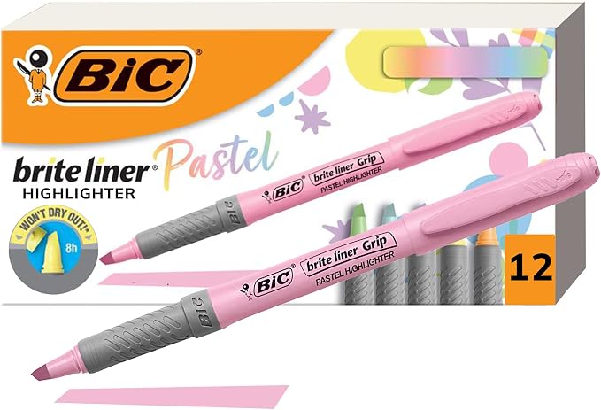BIC Brite Liner Grip Pastel Highlighter Set, Chisel Tip, Pack of Pastel by BIC