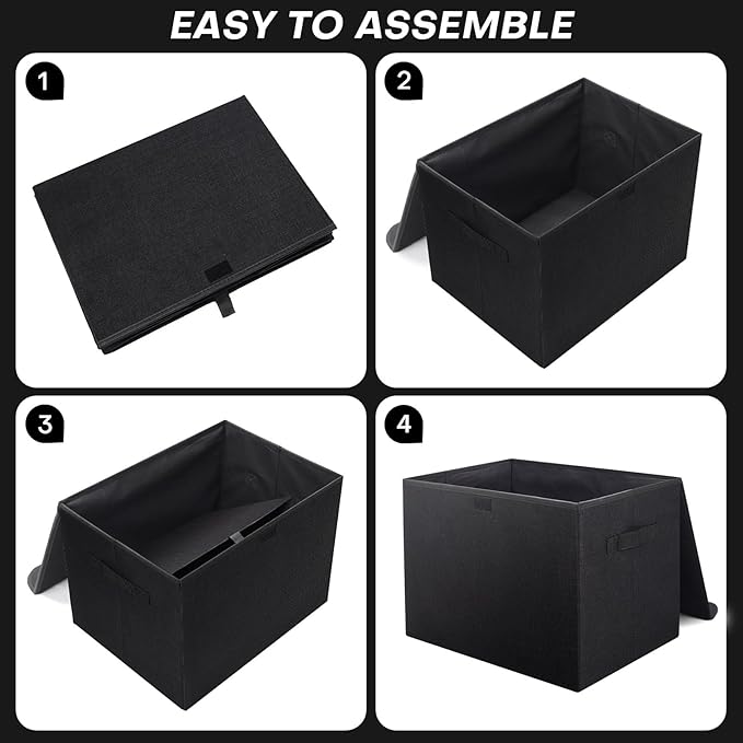Large 17" 42 Quarts Collapsible Stackable Storage Bins with Lids [3-Pack] Foldable Fabric Linen Storage Boxes Cube, Closet Organizer Baskets with Label (16.7 x 12 x 12", Black)-DeskLoop Office