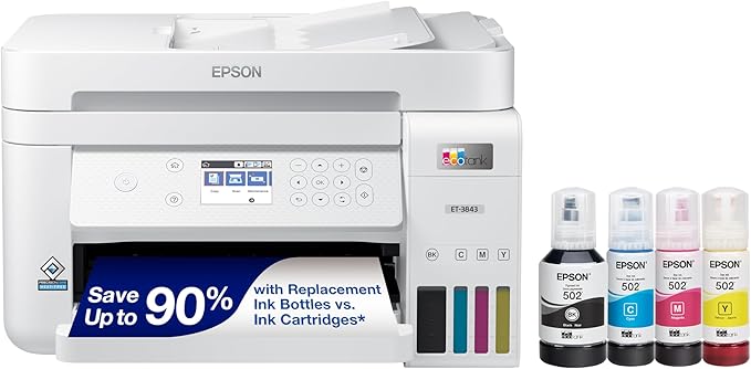 Epson EcoTank ET-3843 Wireless Color All-in-One Cartridge-Free Supertank Printer with Scanner, Copier, ADF and Ethernet-for The Ultimate Home Office, White-DeskLoop Office