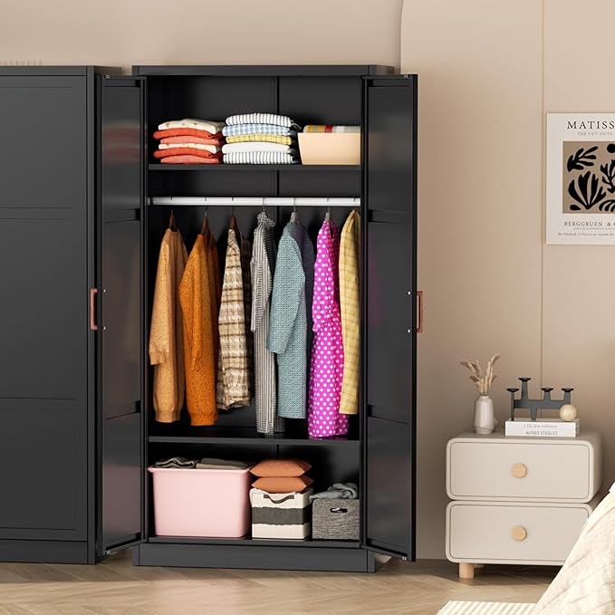 Greenvelly Metal Wardrobe Cabinet, 72" Black Armoire Metal Wardrobe Closet for Hanging Clothes with Wooden Handle, Modern Clothes Cabinet for Home, Office,Bedroom, School,Gym-DeskLoop Office
