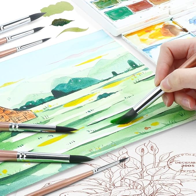 Transon 8pcs Round Watercolor Paint Brush Set Goat Hair for Watercolors,Acrylics,Inks,Gouache,Oil and Tempera-DeskLoop Office