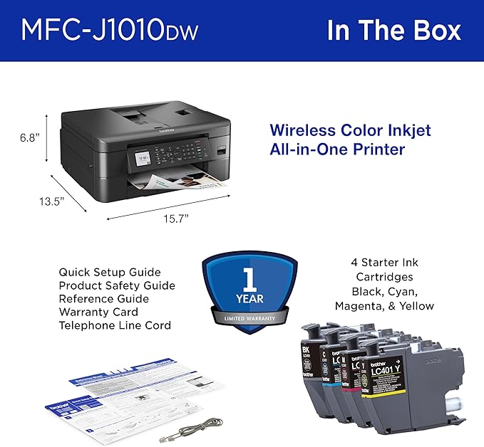 Brother MFC-J1010DW Wireless Color Inkjet All-in-One Printer, Duplex Printing, Mobile & Cloud Print, Compact Design, 1.8" Color Display, Works with Alexa-DeskLoop Office