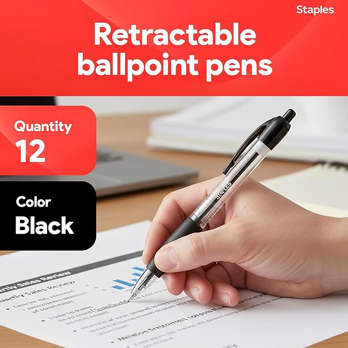 STAPLES Retractable Ballpoint Pens, Medium Point 1.0mm, 12 Pack – Comfortable - Image 2