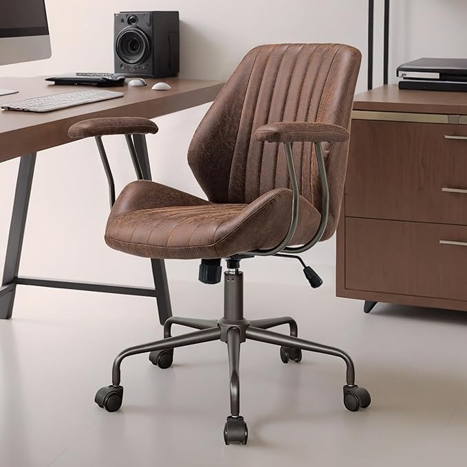 Mid Century Modren Office Chair - Mid Back Swivel Executive Chair with Lumbar Support,Ergonomic Computer Desk Chair with Wheels,Faux Lether Suede Task Chair,350lbs (Dark Brown, Mid Back)-DeskLoop Office