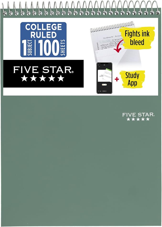 Five Star Top Spiral Notebook + Study App, 1 Subject, College Ruled Notepad by FiveStar
