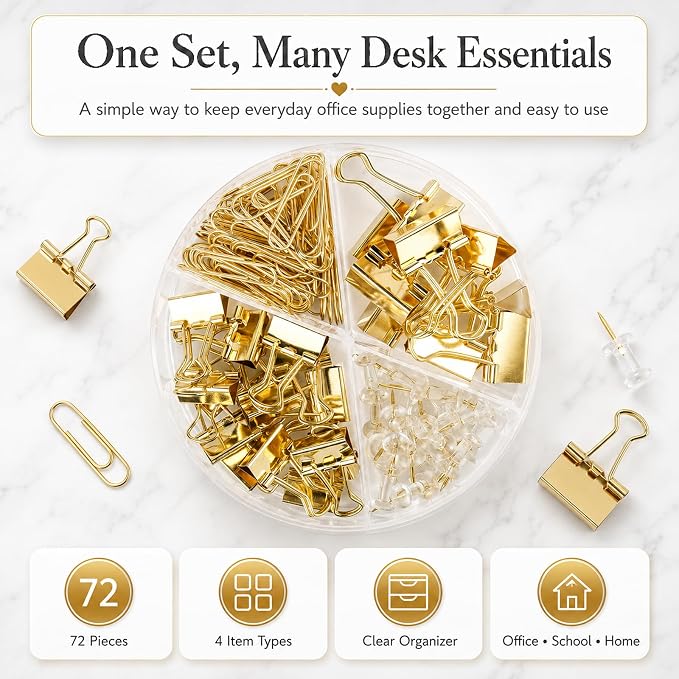 Gold Paper Binder and Clips Set, Metal Assorted Sized Binders - Image 2