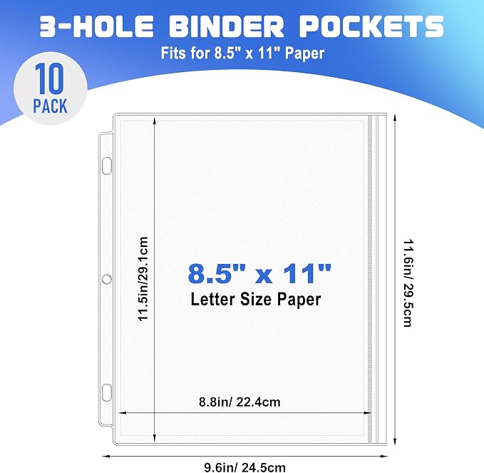 Antner 10 Pack Letter Size Binder Pockets 3 Ring Binder Zipper Pouch, 3-Hole - Image 2