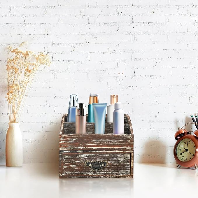 Office Desk Organizer with Drawers & Dark Brown Vintage Wood Desktop Storage - Image 2