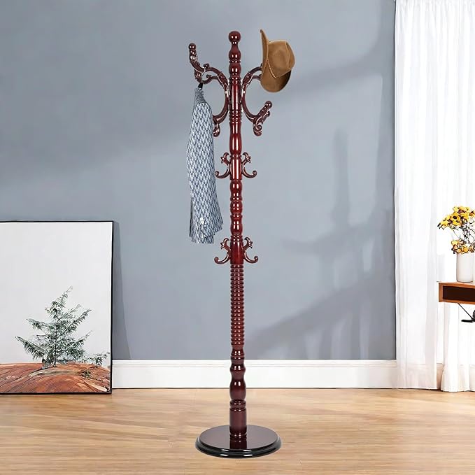 Solid Wood Coat Rack – 73" Freestanding Coat Racks Stand with 14 Hooks & Stable Round Base, Adjustable Height Modern Wooden Hall Tree for Entryway, Bedroom, Office, Home (Mahogany Round)-DeskLoop Office