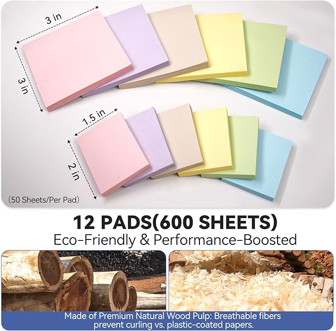 Sticky Notes 3x3in + 2x1.5in Small Sticky Note, 12 Pack 6 Colors Self-Sticky Note Pads | Sticks Strong & Removes Clean | Recycled Paper Cute Sticky Notes to School Supplies, Office Products-DeskLoop Office