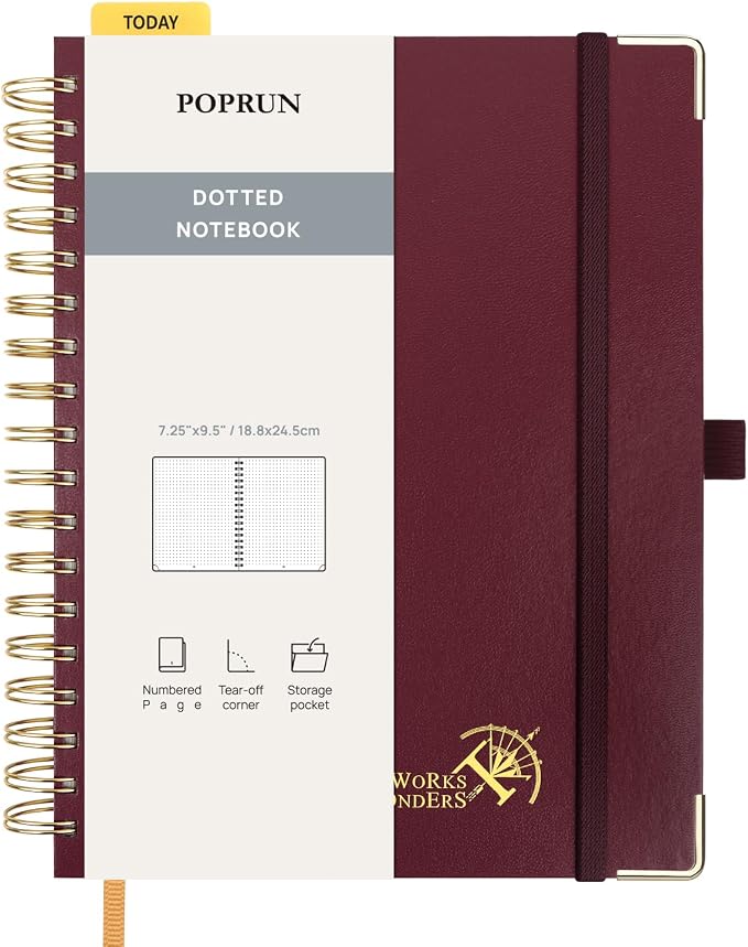 POPRUN Spiral Bullet Dotted Journal Notebook, 7-1/4" x 9-1/2" by POPRUN