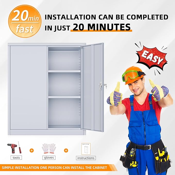 INTERGREAT Metal Cabinet with Lock, Lockable Metal Storage Cabinets with Doors and Shelves for Garage, Cement Grey Locking Garage Storage Cabinets 36"×32"×16"-DeskLoop Office