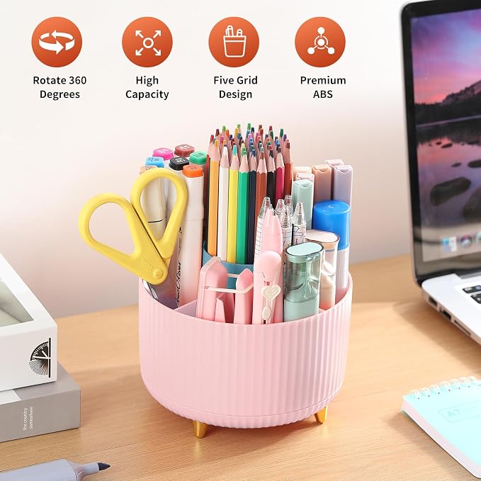 Desk Pencil Pen Holder, 5 Slots 360°Degree Rotating Organizers - Image 2