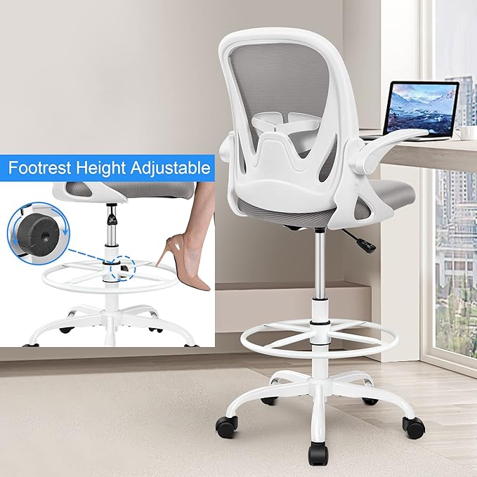 Primy Ergonomic Drafting Chair with Flip-up Armrests Tall Office Chair for Standing Desk Comfortable Desk Chair with Adjustable Footrest Ring and Lumbar Support in Gray Perfect for Home and Office Use-DeskLoop Office