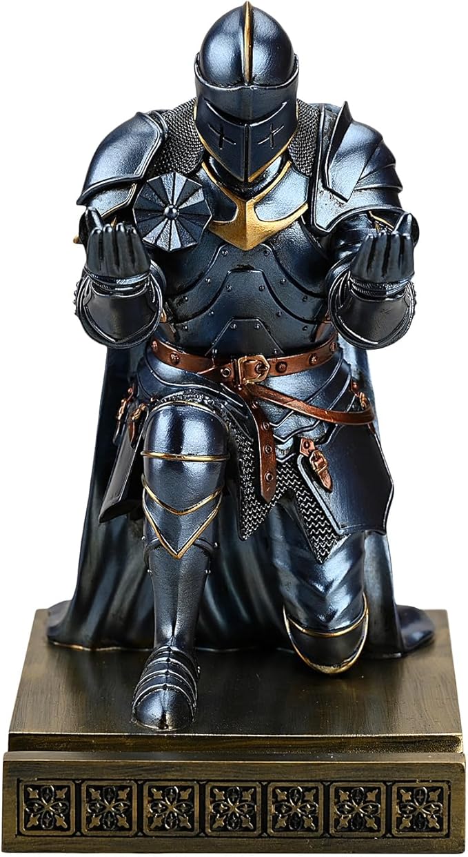 Medieval Armored Warrior Wearing Outerwear, Mobile Phone Stand Knight Pen Holder Desk Organizers, Resin Bookends Paperweight with a Letter Opener for Desk (Blue)-DeskLoop Office