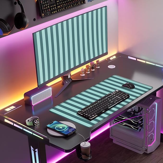 Teal Blue Striped Desk Mat Cute Pastel XXL Large Gaming Mouse Pad Desk Pad - Image 5