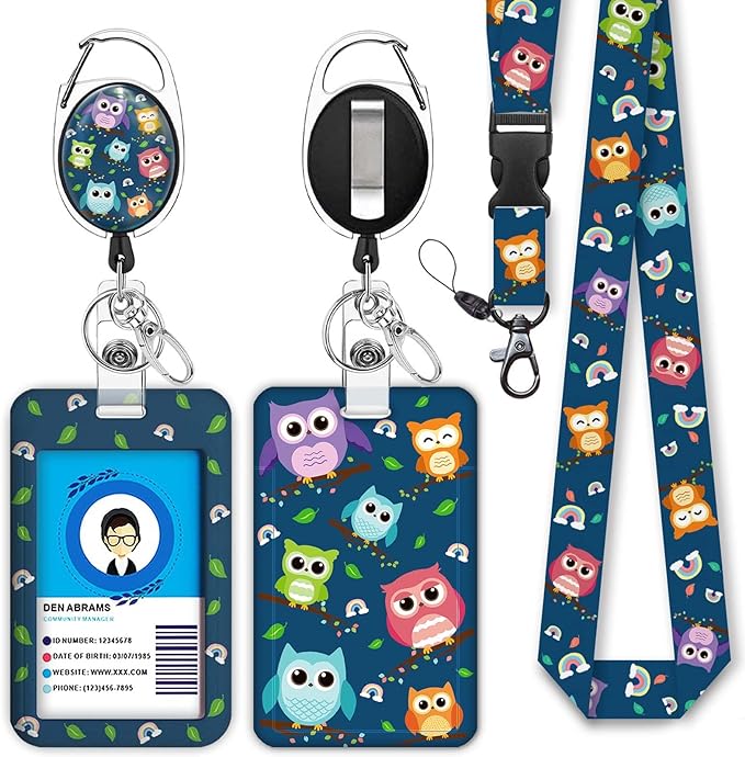 Cute Owl Lanyards for Id Badges, Retractable ID Badge Holder by Giancomics