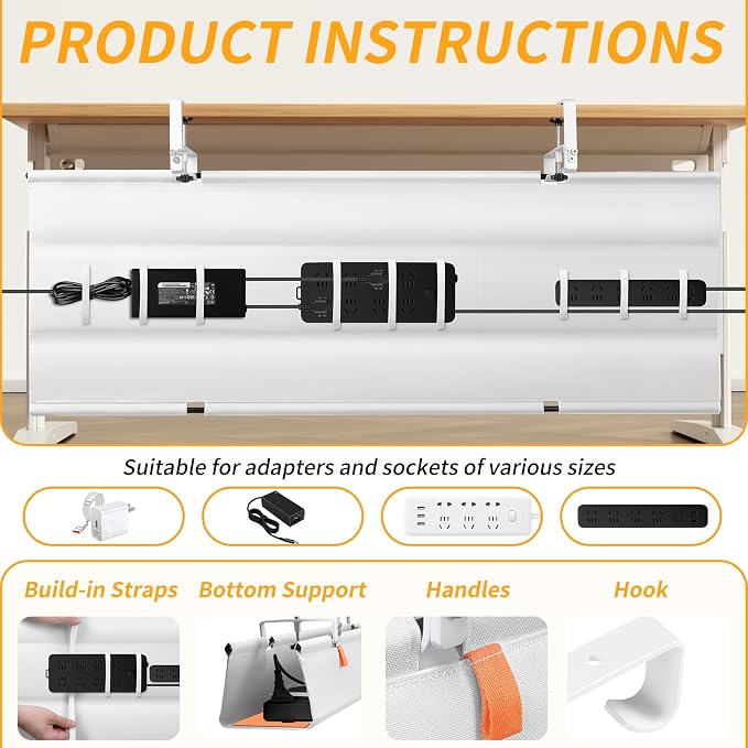 SUREUP9 No Drill Under Desk Cable Management Tray, Fabric Cable Management - Image 5