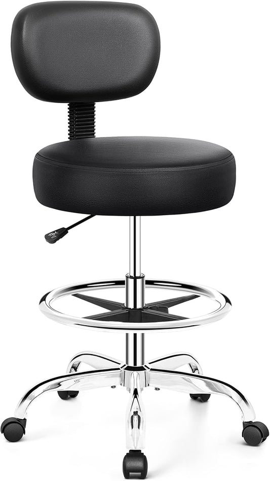 Drafting Chair with Backrest – Adjustable Foot Rest Rolling Stool with Wheels, PU Leather Swivel Stool for Office Spa Studio Lab Counter Salon Home Work Bar Kitchen Shop(Silver)-DeskLoop Office