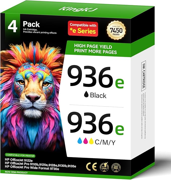 936e 936XL High Yield Ink Cartridges with Chip 4-Pack Set Replacement for HP 936 936e Ink Works with HP OfficeJet Pro 9125e 9135e 9110b 9128e 9130b 9122e 9120e 9730e Printers Black Cyan Magenta Yellow-DeskLoop Office
