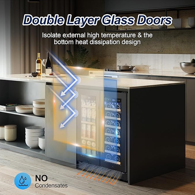 Wine and Beverage Refrigerator with Glass Door, 24-Inch Dual Zone Wine Fridge Under-Counter,4.6 Cu.Ft. 65 Cans and 20 Bottles Wine Cooler,Built-in or Freestanding Wine and Drink Fridge with Blue Light-DeskLoop Office