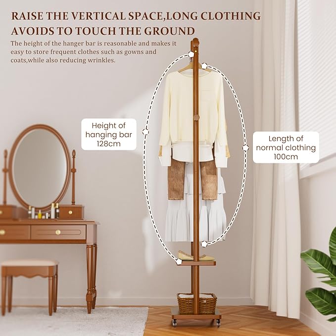 Coat Rack Freestanding Clothing Rack with Wheels & 2 Shelves Storage & 5 Hooks Heavy Duty Clothes Rack Wood Coat Tree Stand Hat Hanger Rack for Corner Bedroom Entryway Living Room Hotel-DeskLoop Office