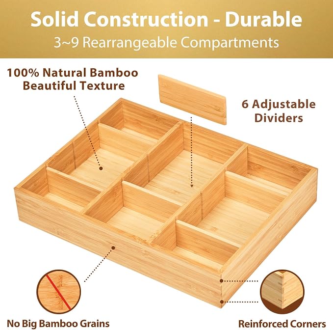 Umilife Bamboo Desk Drawer Organizer, Wood Junk Organizer Tray - Image 2