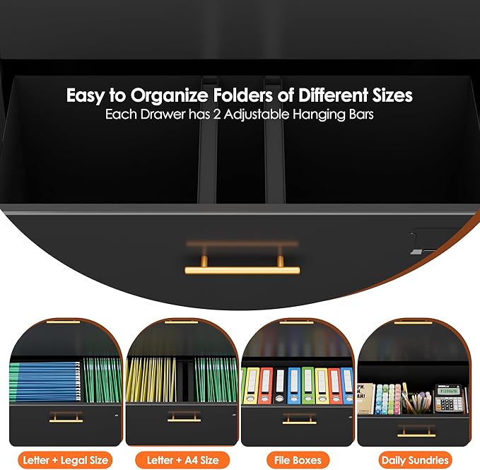 Aobabo Metal 3 Drawers Lateral File Storage Cabinet and Unit Adjustable Shelf Organizer, Steel Files Cabinet with Wheels, 2 Door Storage for Office Legal/Letter A4 Size, Assembly Required, Black-DeskLoop Office