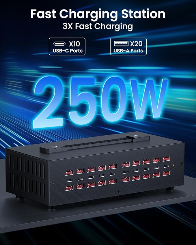 250W USB~c Charging Station, 30 Port (20 USB A & 10 USB~C Port) USB Charger Block, Fast Charging Station for Multiple Devices, Desktop Charger Compatible for iPhone, iPad, Tablets-DeskLoop Office