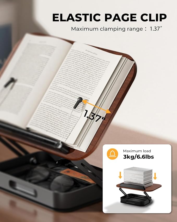 Adjustable Book Stand with Storage Drawer, 360° Rotating Book Holder, Height & - Image 6