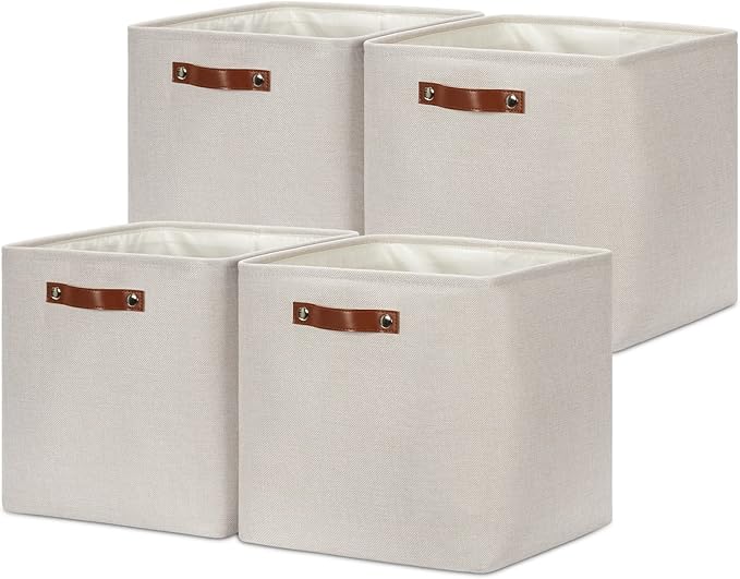 DULLEMELO Storage Bins, 4 Pack Of 13x13x13 Decorative Storage Cube Bins Suit Office, Home, Shelves And Closet, Cube Storage Bin with Leather handle(4 Pack - 13" Beige)-DeskLoop Office