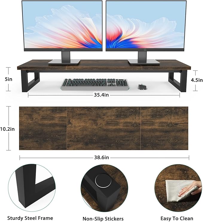 Dual Monitor Stand Riser, 39Inch Large Monitor Stands for 2 Monitors, Computer Monitor Stand, Wooden Desktop Oraganizer Shelf for Office Desk Computer,Laptop,TV