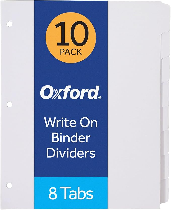 Oxford Binder Dividers for 3 Ring Binders, 10 Pack, 8-Tab Dividers, Write On by Oxford