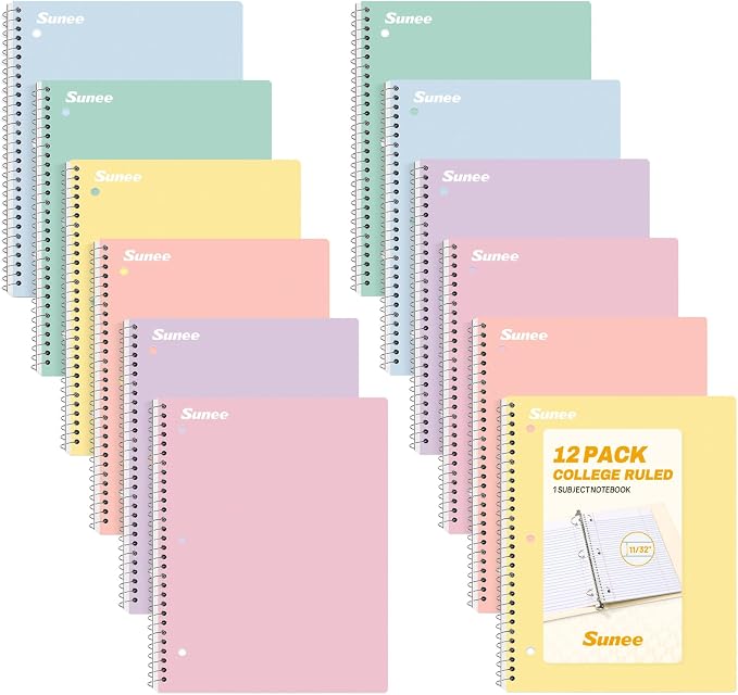 SUNEE Spiral Notebooks, 12 Pack, College Ruled Paper, 70 Sheets per Notebook by SUNEE